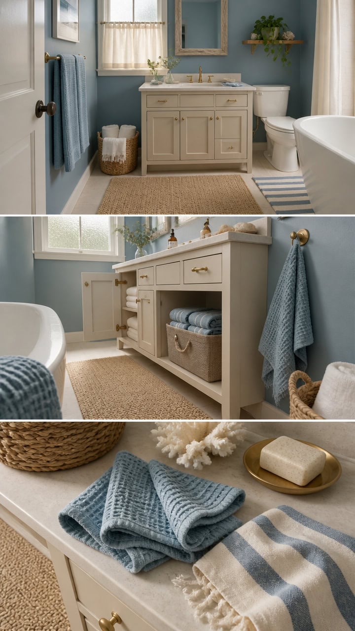 Bright bathroom featuring a white vanity, blue towels, and natural light from a window. Elegant and inviting space with soft.