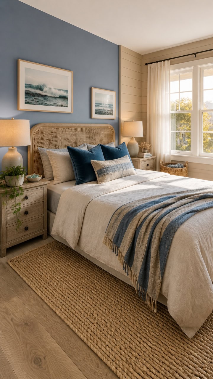 Bright and inviting bedroom with large windows, stylish decor, and comfortable bedding, perfect for relaxing in an apartment.
