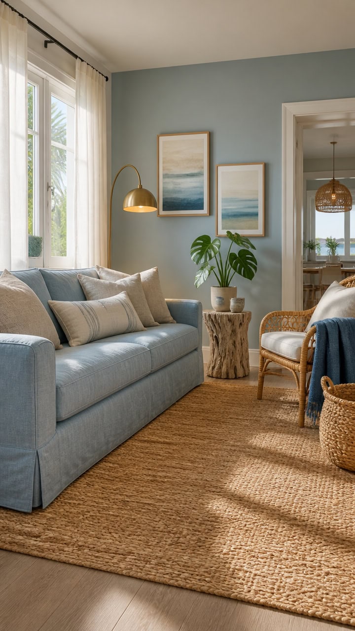 Bright living room with large windows, stylish decor, and comfortable seating, perfect for relaxing in a modern apartment.