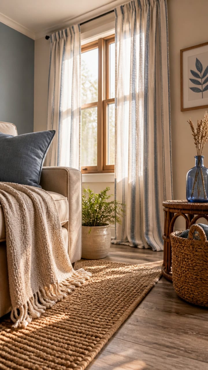 Bright living room with large window, beige curtains, and stylish decor. Perfect for relaxing and enjoying natural sunlight.
