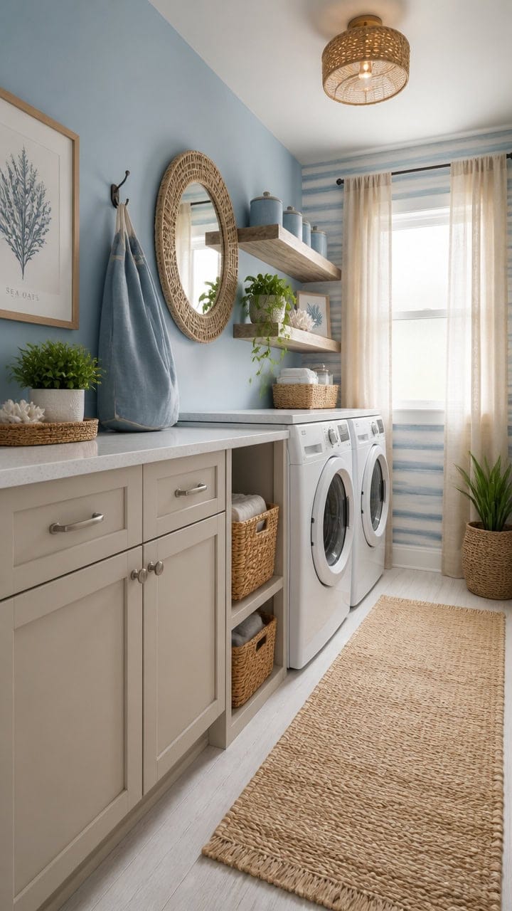 Bright laundry room with washer and dryer, light blue walls, and decorative accents. Perfect for a functional and inviting ho.