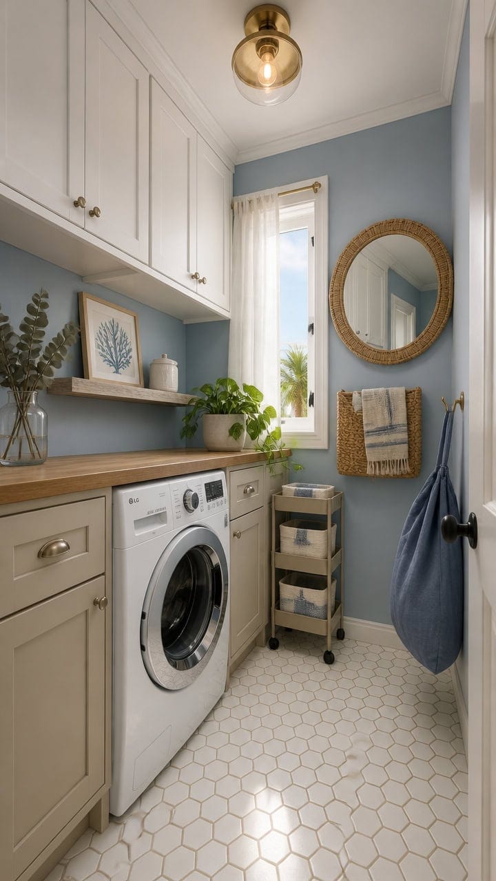 Bright laundry room featuring white cabinetry, a front-loading washer, and a large window with sheer curtains. Perfect for a.
