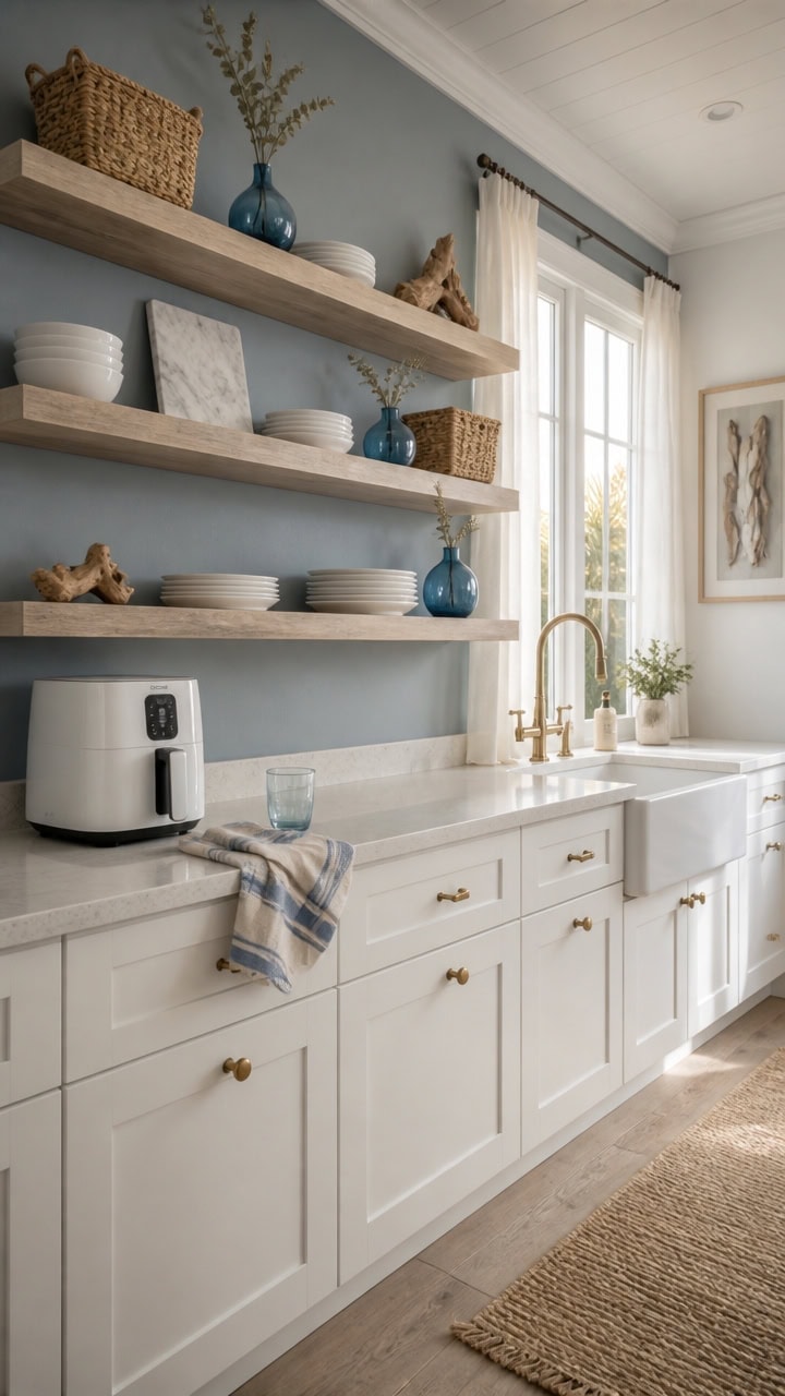 Bright modern kitchen featuring open wooden shelves, white cabinetry, and natural light from large windows. Stylish and funct.
