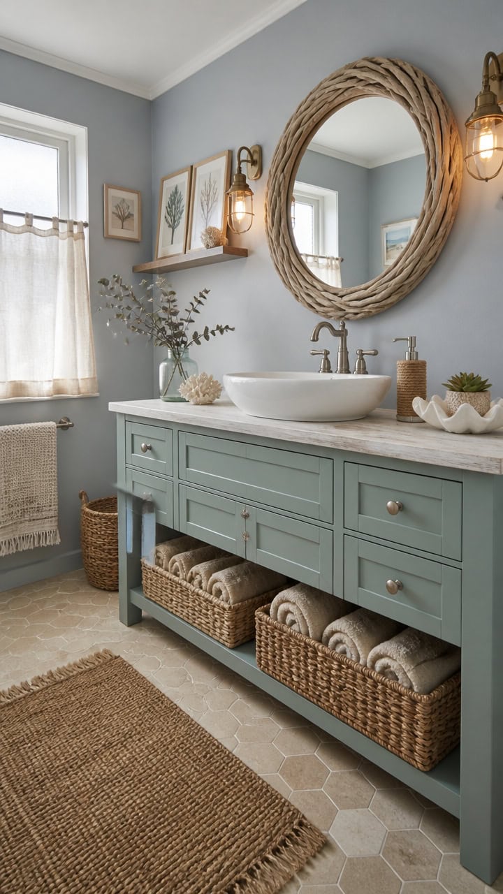 Bright bathroom featuring a light blue vanity with a white vessel sink and round mirror. Decor includes plants, shells, and w.