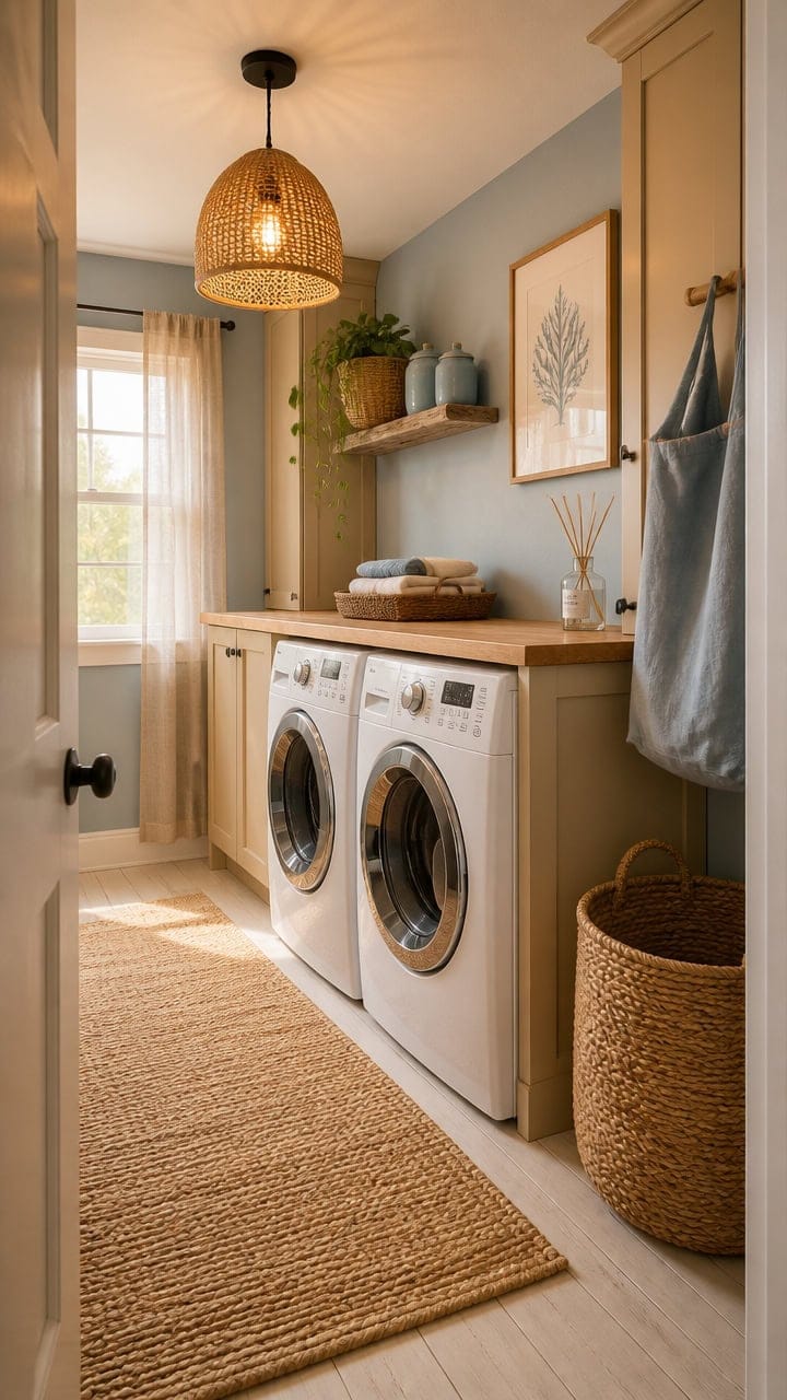 Bright laundry room featuring a front-loading washer, natural light, and stylish decor accents. Perfect for modern apartment.