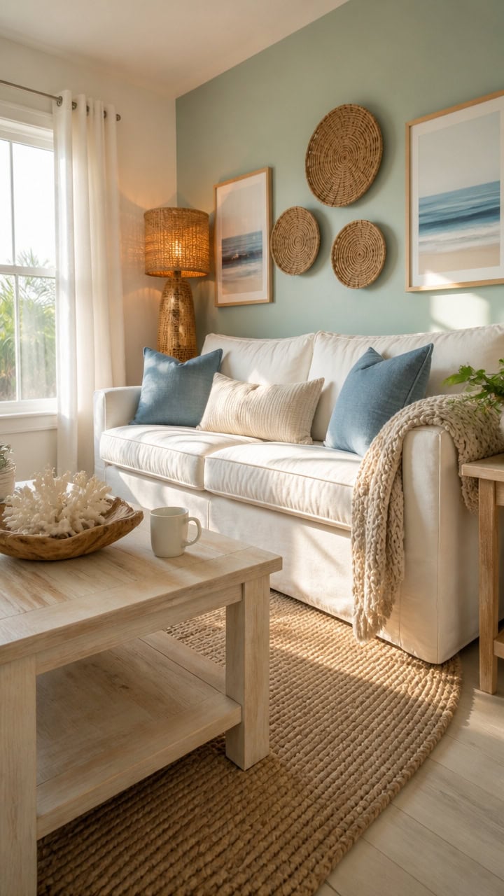 Bright living room with coastal decor, featuring a white sofa, blue pillows, and wall art of ocean scenes.