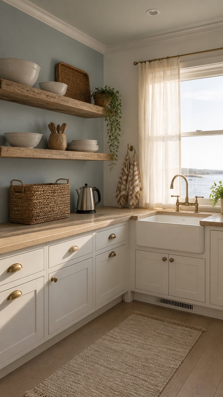 Bright kitchen with white cabinetry and open wooden shelves, featuring a large window with sheer curtains and a view of the o.