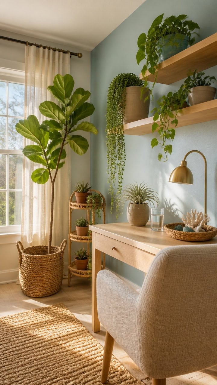 Bright indoor space with lush green plants and natural light.
