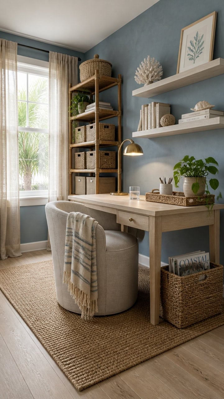 Bright home office with a large window, wooden desk, and decorative accents for a comfortable workspace.