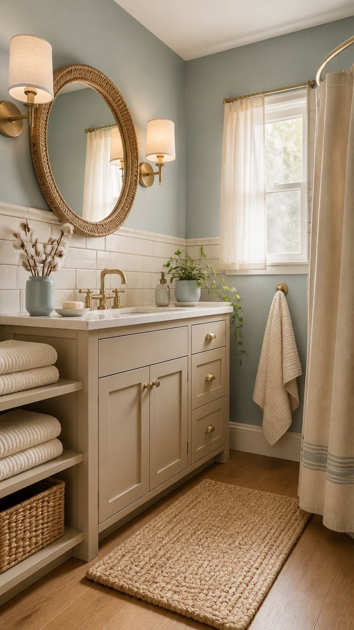 Bright bathroom featuring a large window, soft curtains, a stylish mirror, and a well-organized vanity with fresh towels and.