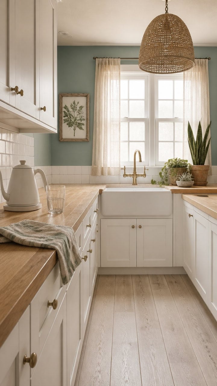 Bright kitchen featuring white cabinets, a large window, and modern fixtures for a welcoming home environment.