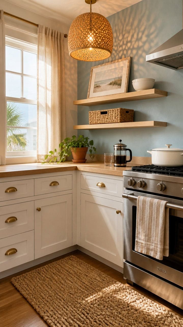 Bright kitchen corner with sunlight streaming through a window, featuring white cabinetry, wooden shelves, potted plant, and.