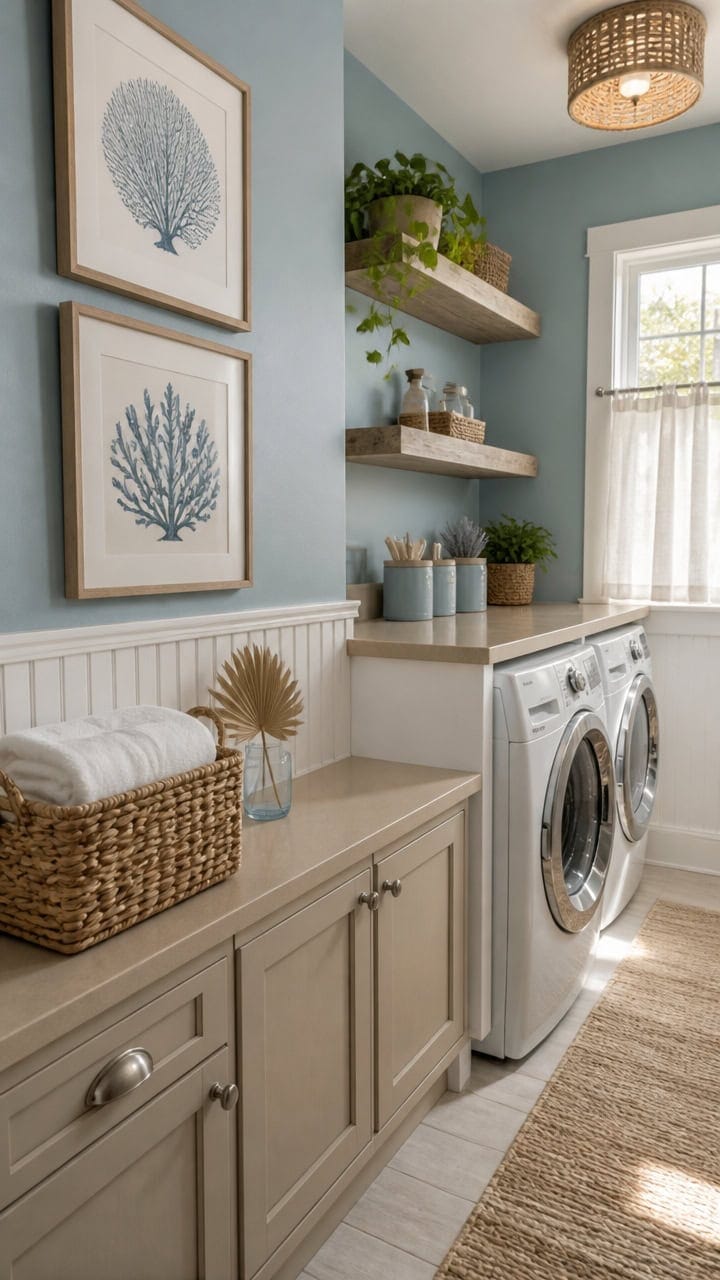 Bright laundry room with wall art, open shelves, and a washing machine, creating a functional and inviting space.