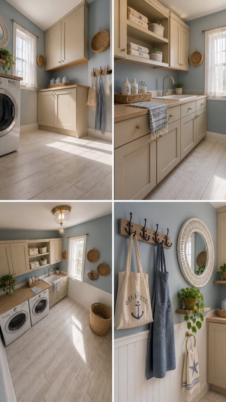 Bright laundry room with washer, dryer, and ample storage space.