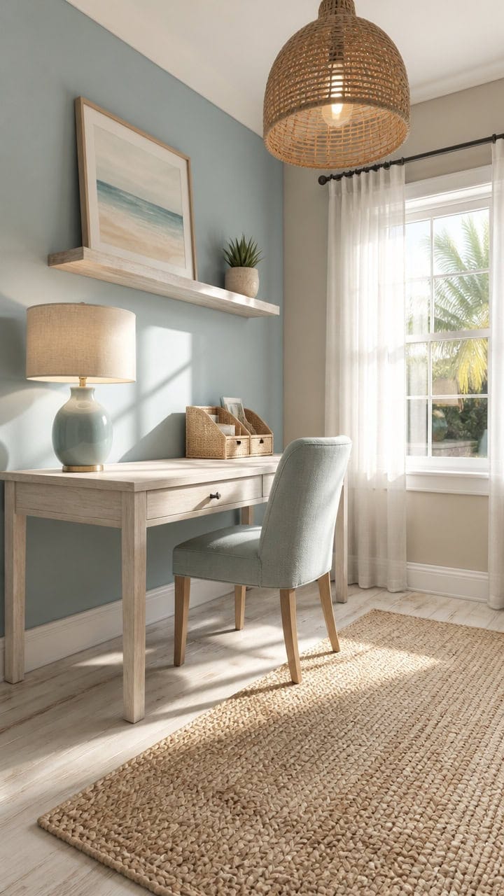 Bright home office with a desk, comfortable chair, and decorative accents.