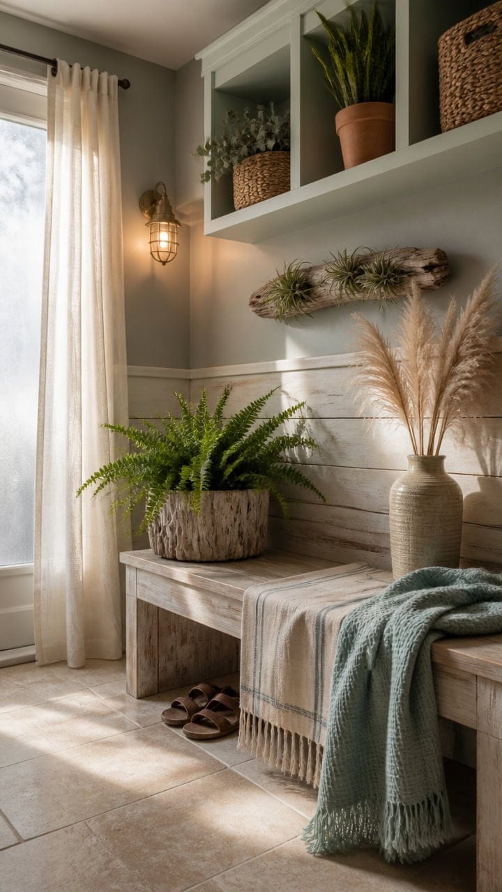 Inviting entryway with potted plants, wall shelf decor, and soft natural lighting in a modern apartment.