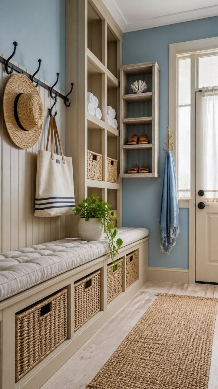 Inviting entryway with built-in storage, wall hooks, and decorative accessories in a bright, welcoming home.