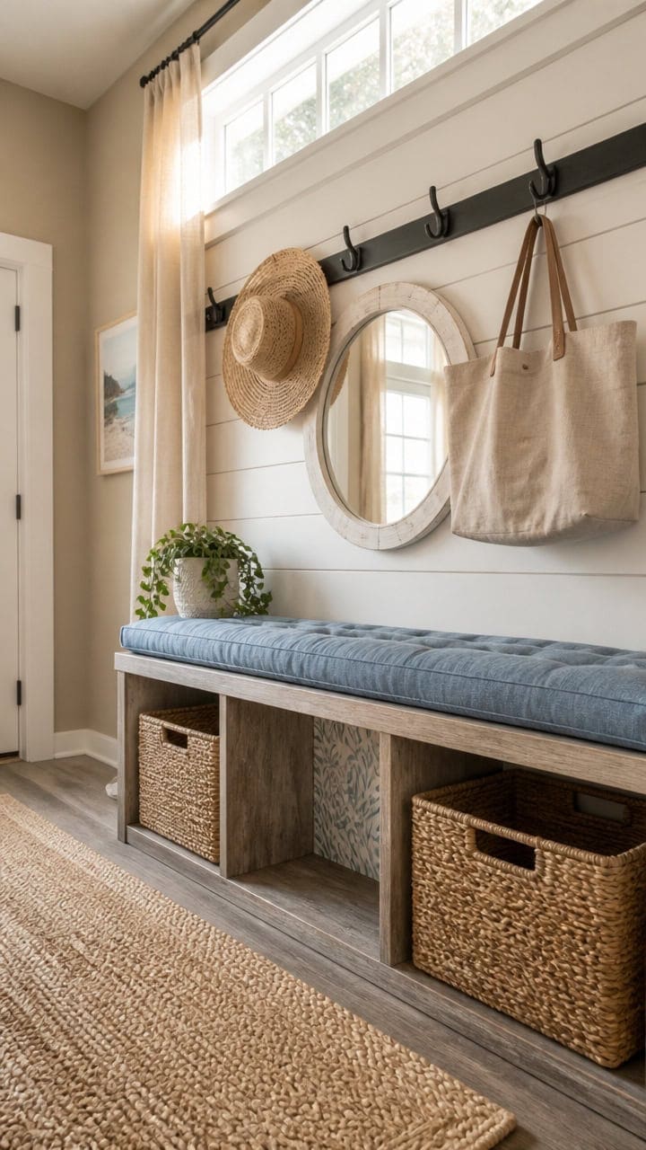 Bright entryway with a storage bench, mirror, hats, and bags, featuring natural light and neutral decor for a welcoming home.