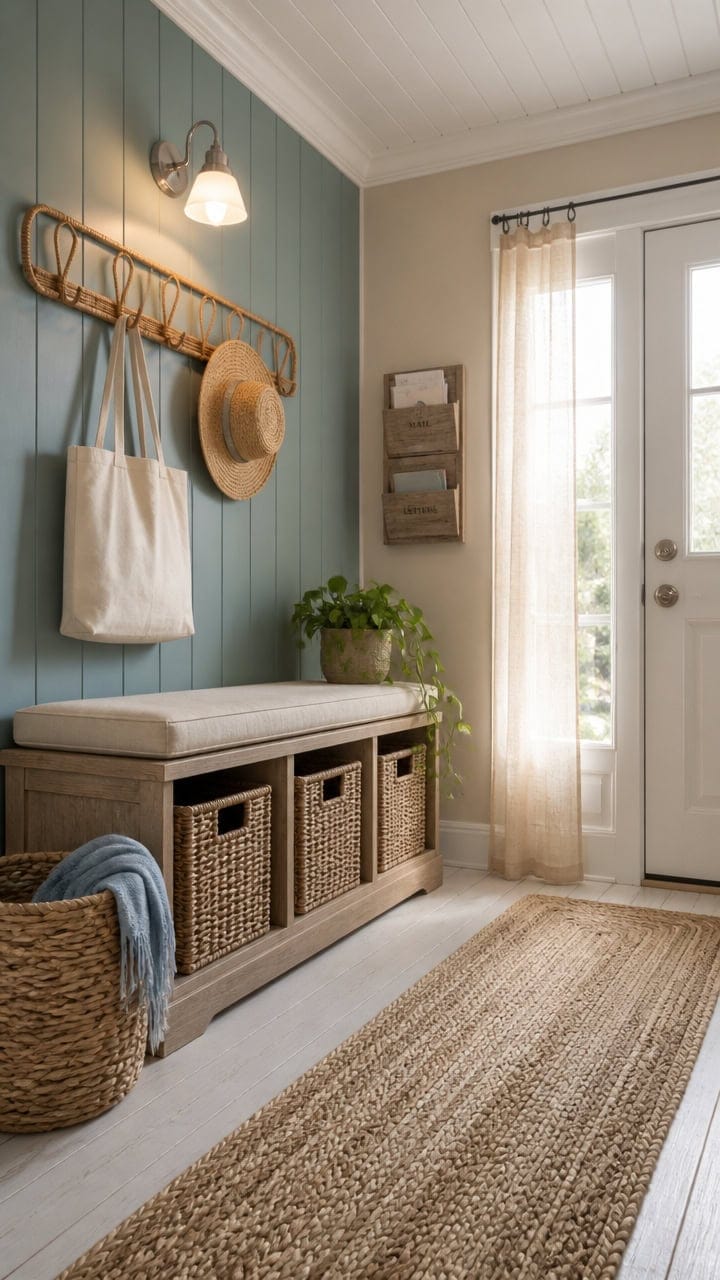 Entryway with storage bench, wall hooks, and natural light.