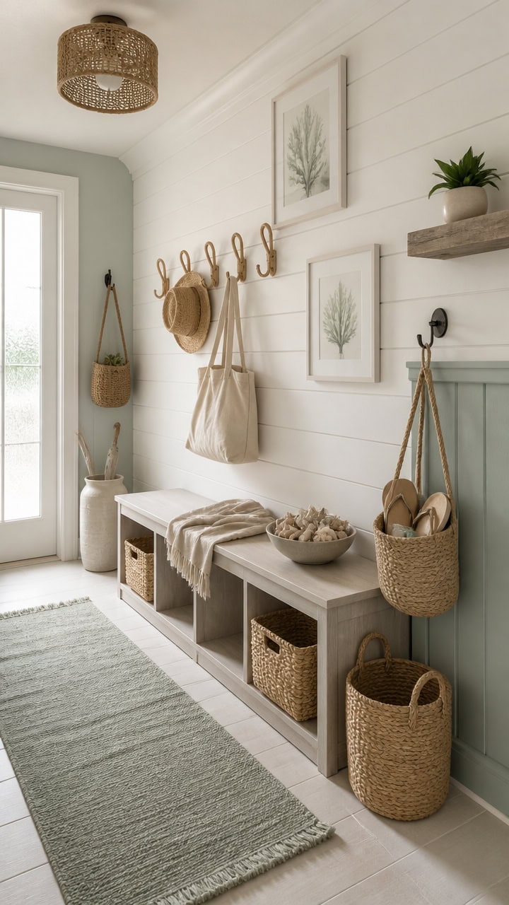 Inviting entryway with wall hooks, baskets, and decor for organized and stylish home entrance.