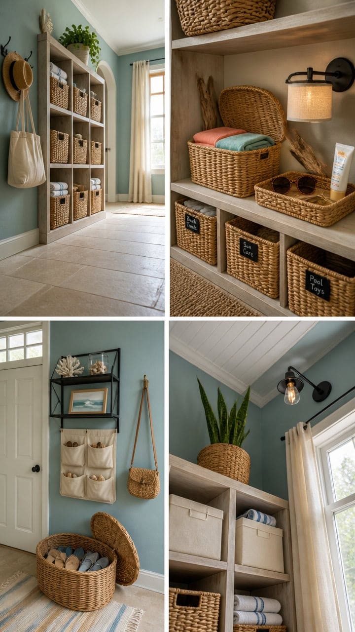 Efficient storage areas with baskets, shelves, and hooks in a stylish apartment setting. Perfect for organizing essentials an.