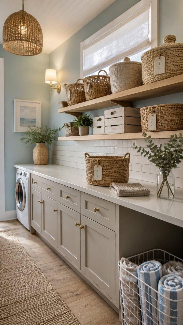 Bright laundry room with organized shelves and woven baskets for storage.