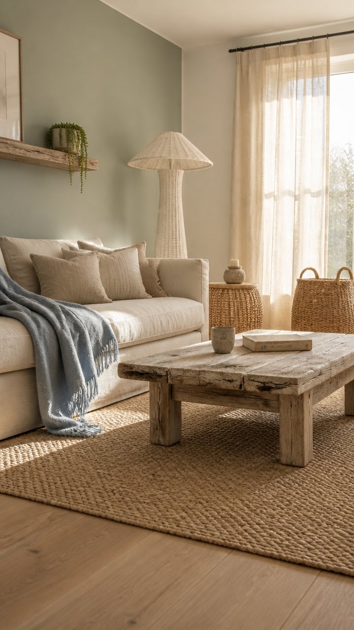 Bright living room with comfortable sofa, rustic coffee table, and soft curtains, creating a warm and inviting atmosphere.
