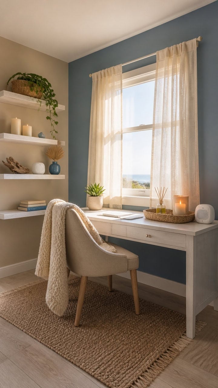 Bright home office with a large window, sheer curtains, and stylish decor for a comfortable workspace.