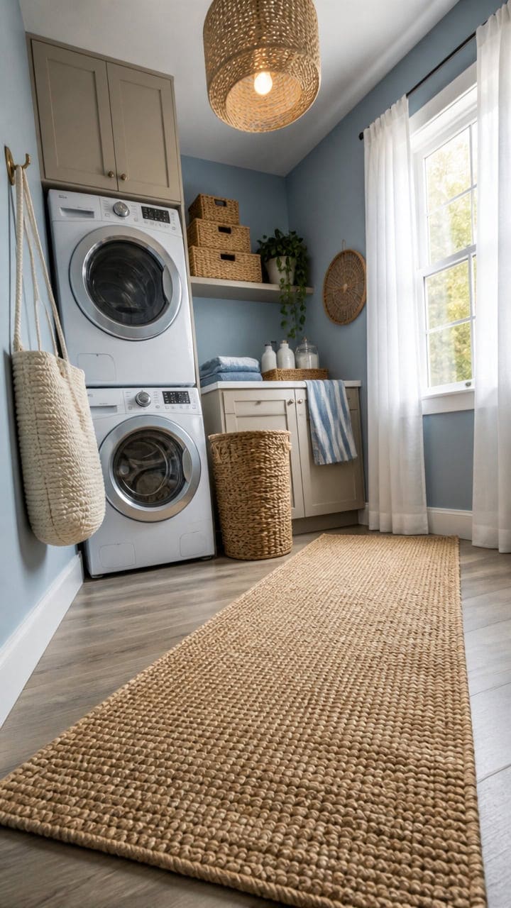 Bright laundry room with stacked washer and dryer, wicker baskets, and a large window letting in natural sunlight. Perfect fo.