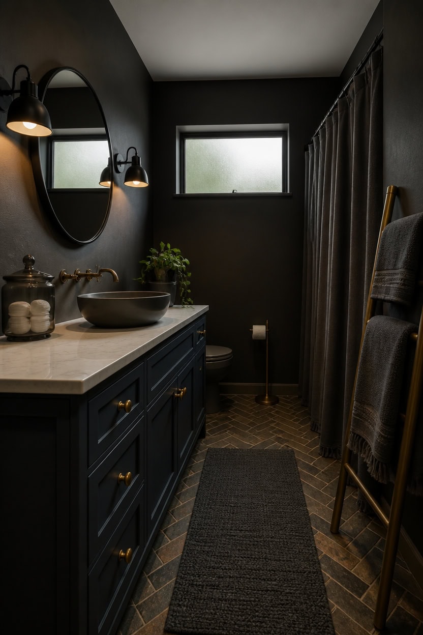 cocooned dark gray reflective bathroom