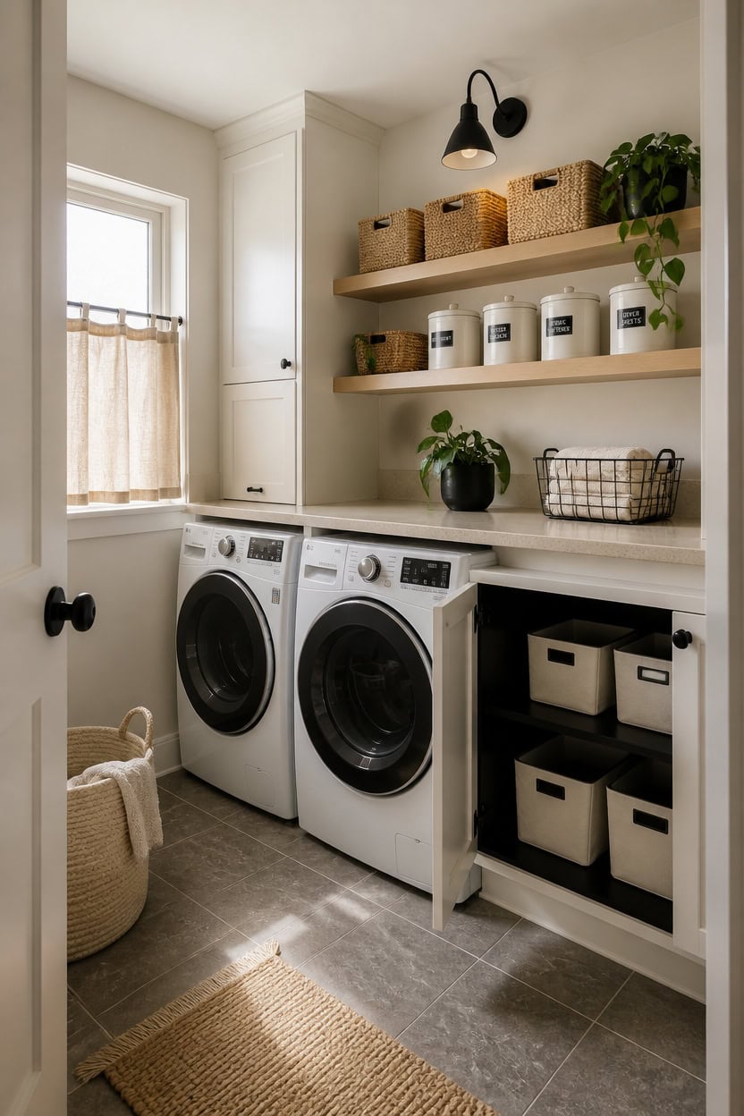 Laundry room featuring a washer and dryer with organized shelving and storage baskets.