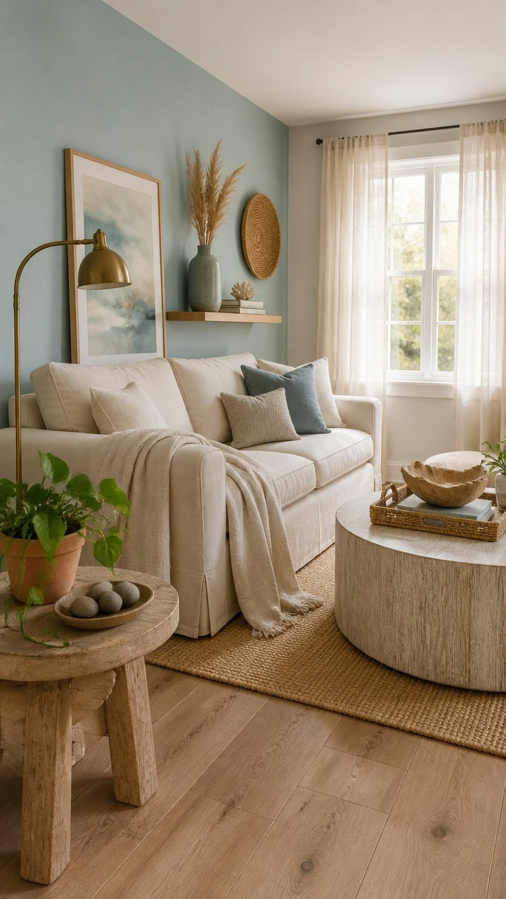 Bright and inviting living room with a beige sofa, decorative pillows, and a round coffee table in a modern apartment.