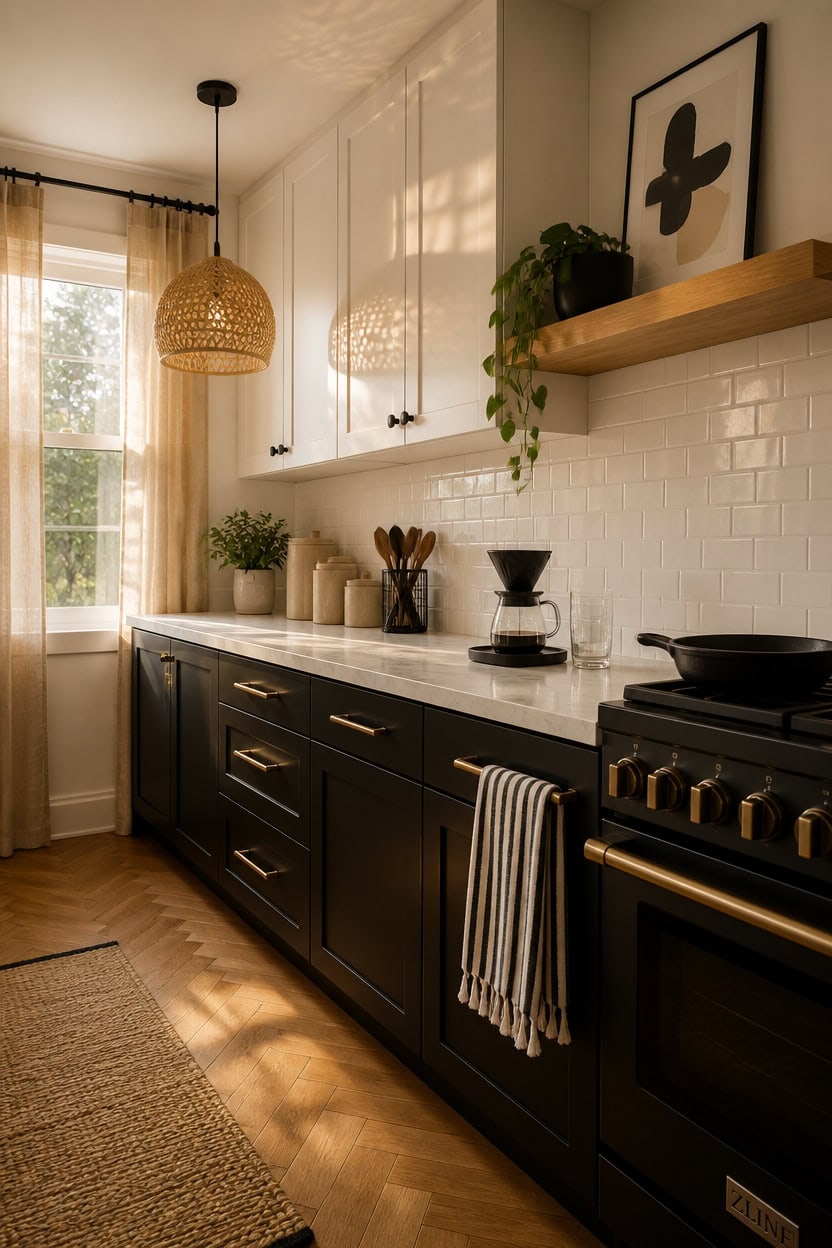 Bright kitchen with black lower cabinets, white upper cabinets, and a marble countertop. Features na.