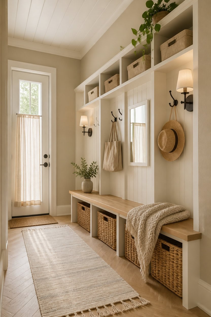 Bright entryway with hooks, baskets, and natural light, perfect for welcoming guests and organizing essentials.