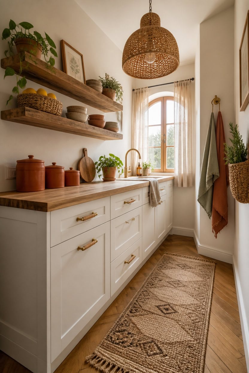 Bright kitchen with wooden shelves, potted plants, and woven pendant light.