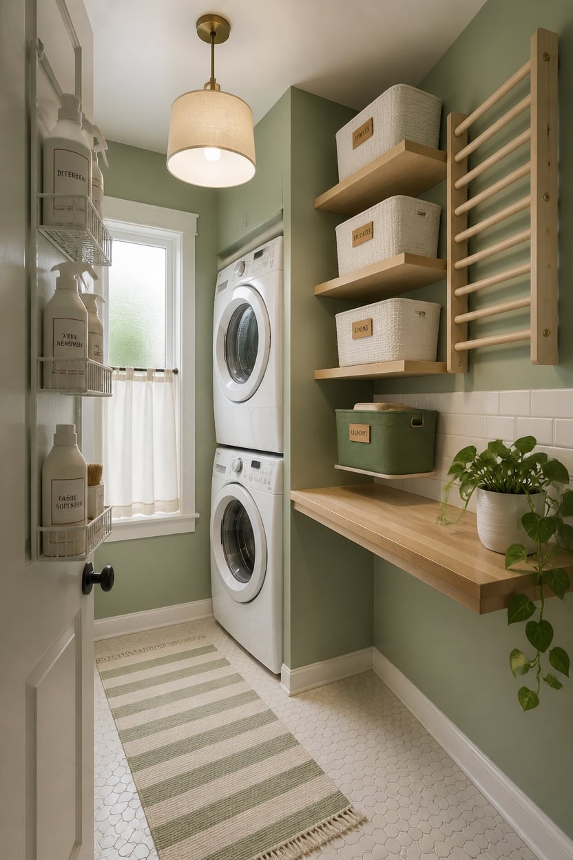 compact sage green organized laundry