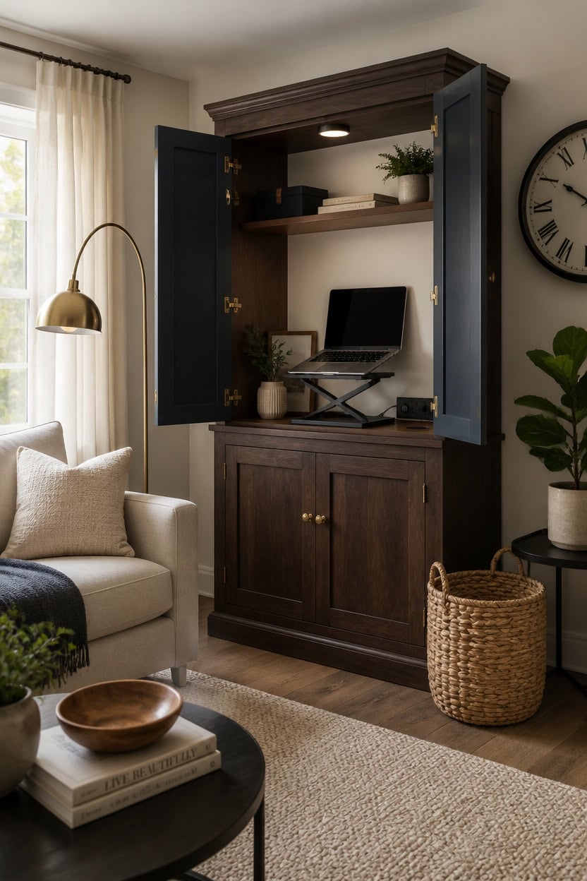 Home office setup with a dark wood cabinet, laptop, and decorative plants in a cozy living space.