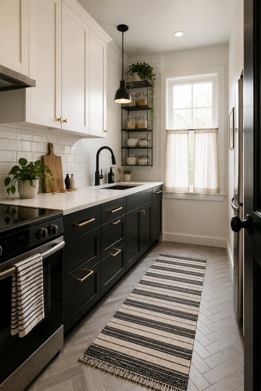 Bright kitchen with black lower cabinets, white upper cabinets, and a large window.