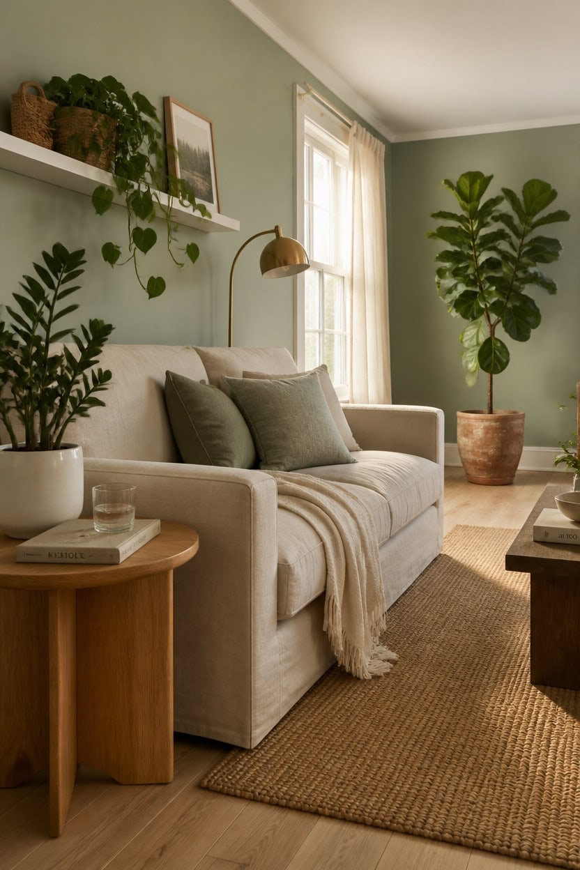 Bright living room with beige sofa, green plants, and natural light.
