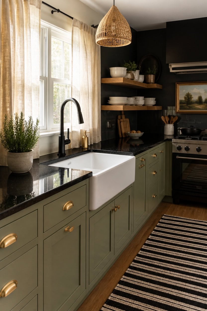 Modern kitchen with green cabinets, farmhouse sink, open shelving, and natural light.