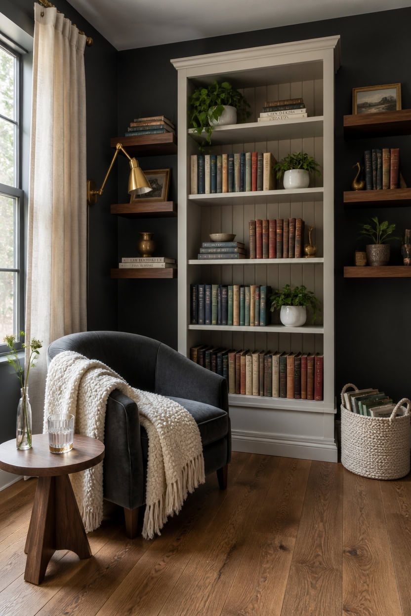 contrast rich warm wood shelving