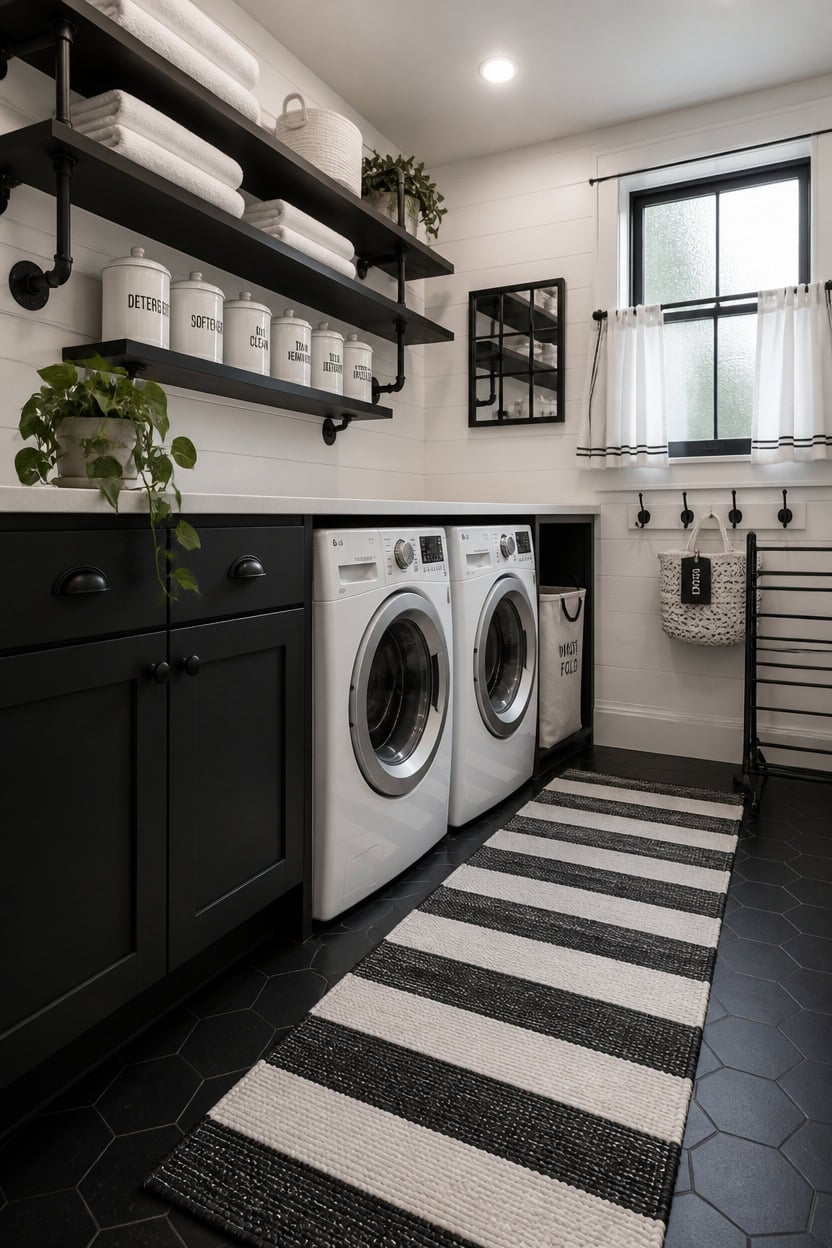 Modern laundry room with washer, shelves, and black cabinetry.