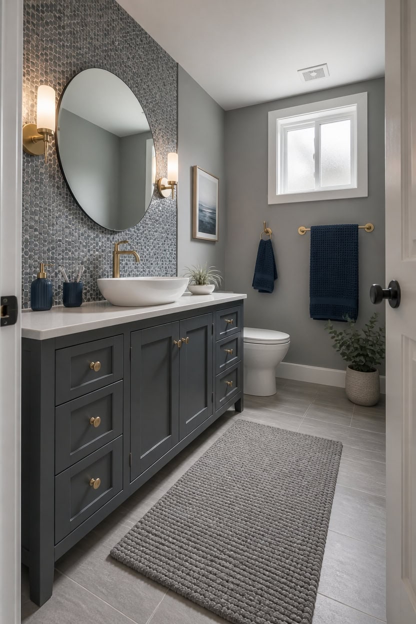 Bright bathroom featuring a stylish gray vanity with gold hardware, a round mirror, and contemporary.