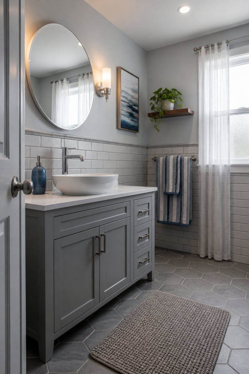 Bright bathroom with gray vanity, round mirror, and natural light from window.
