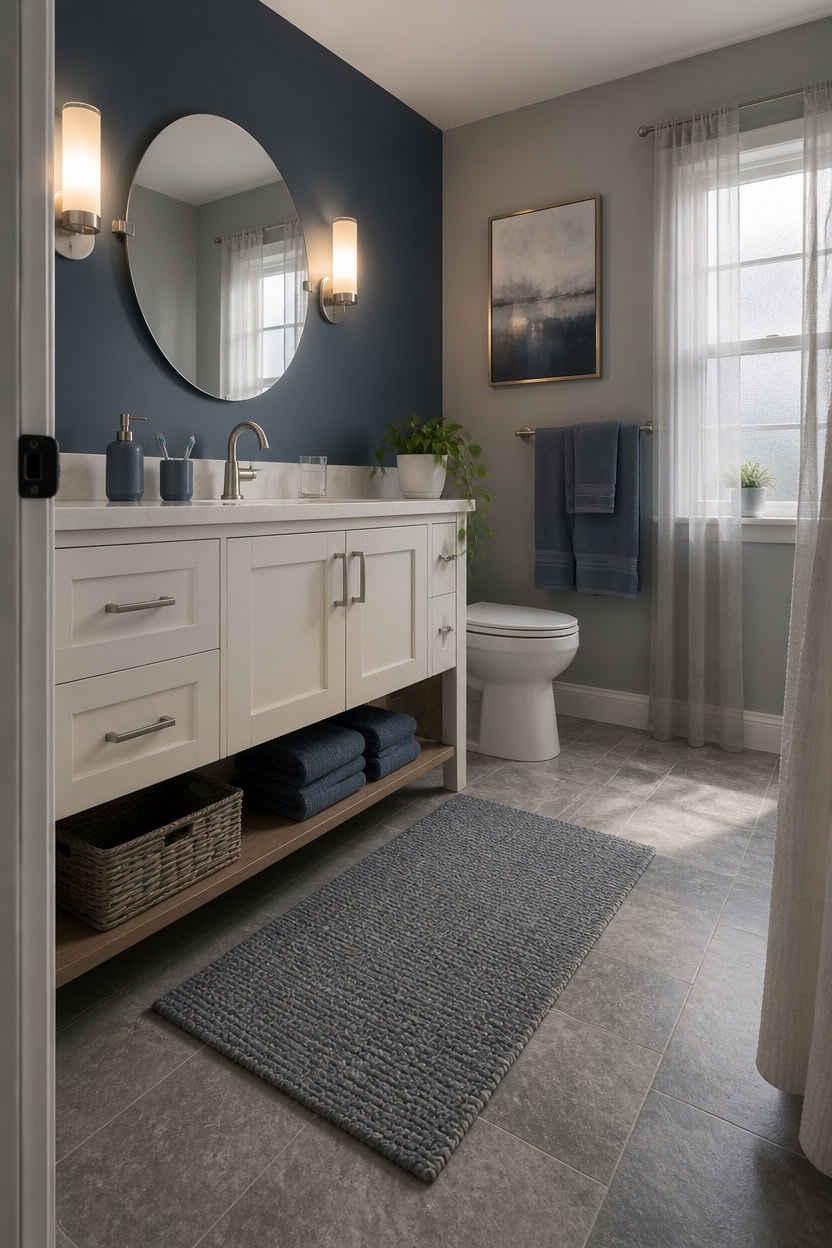 Bathroom with white vanity, round mirror, navy wall, and natural light.