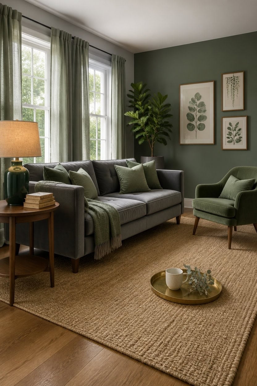 Bright living room with green and gray decor, featuring a sofa, armchair, and natural light from large windows.