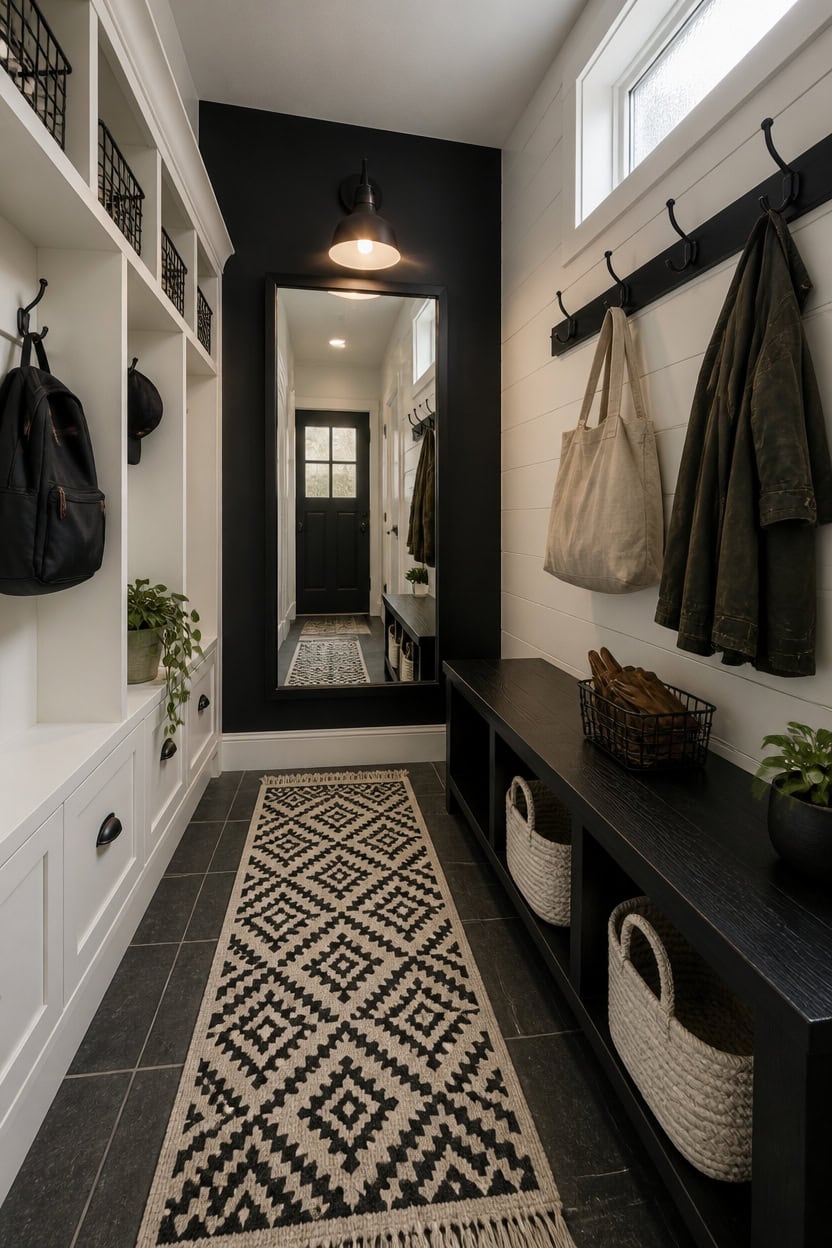 Entryway with coat hooks, storage benches, and decorative accents.