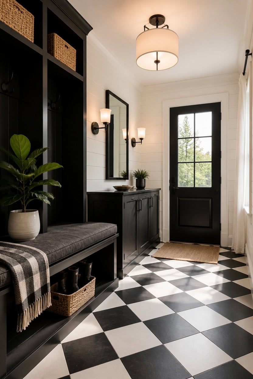 Stylish black and white entryway with checkered floor, mirror, and cozy seating area.