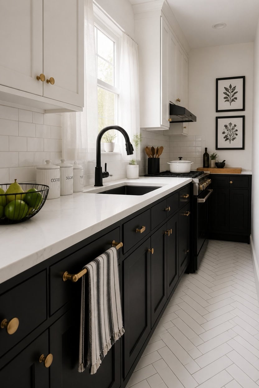 Bright and stylish kitchen featuring black lower cabinets, white countertops, and gold hardware, per.