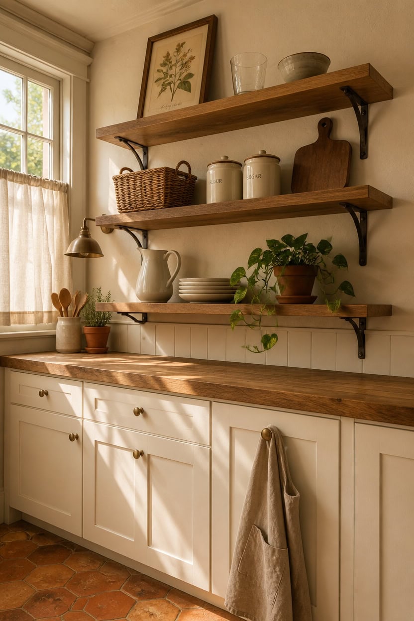 Bright kitchen with open wooden shelves, potted plants, and natural sunlight streaming through the w.
